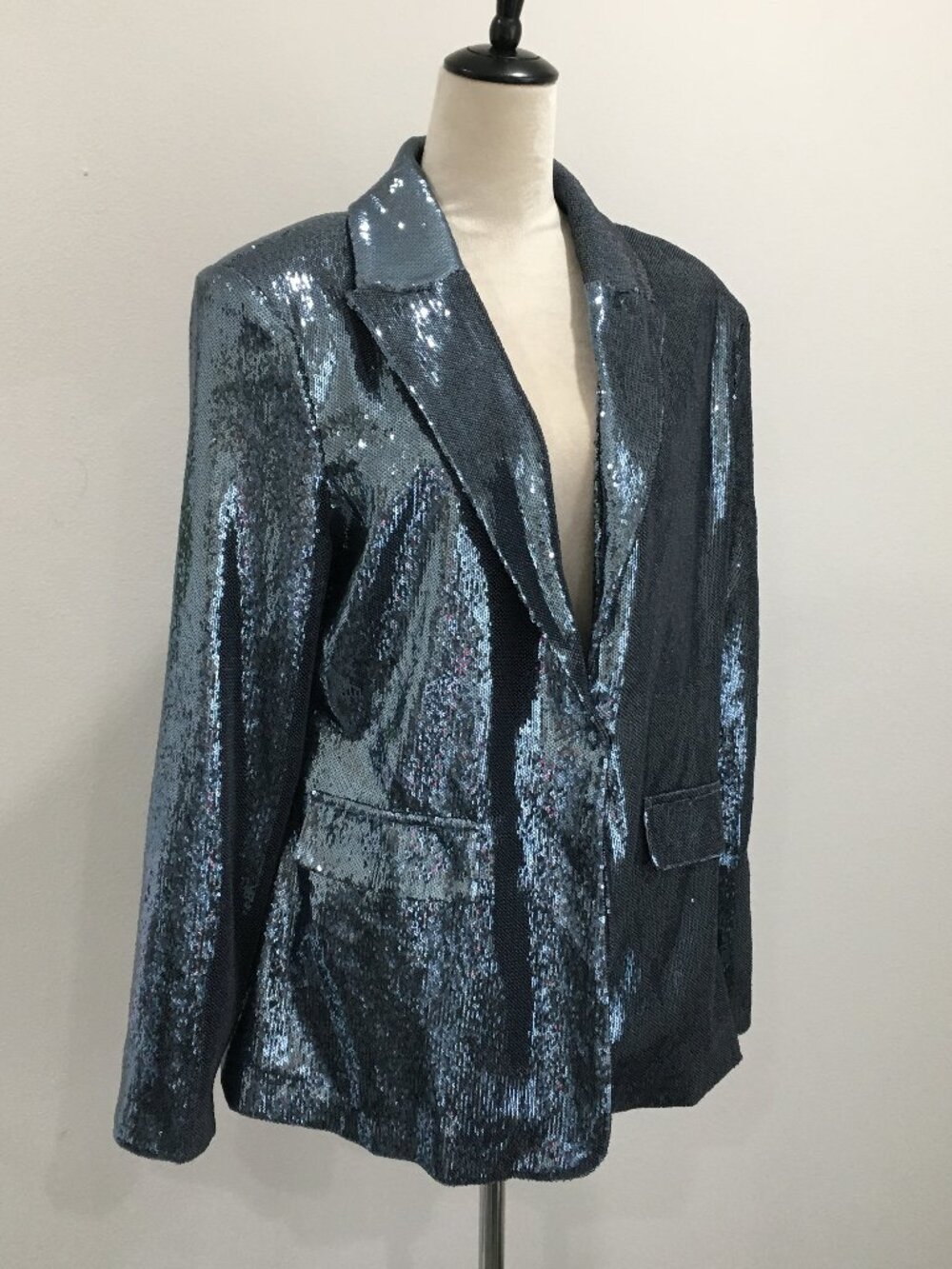NWT FASHION NOVA LUXE Blue Sequined Faux Flap Pockets Blazer Jacket